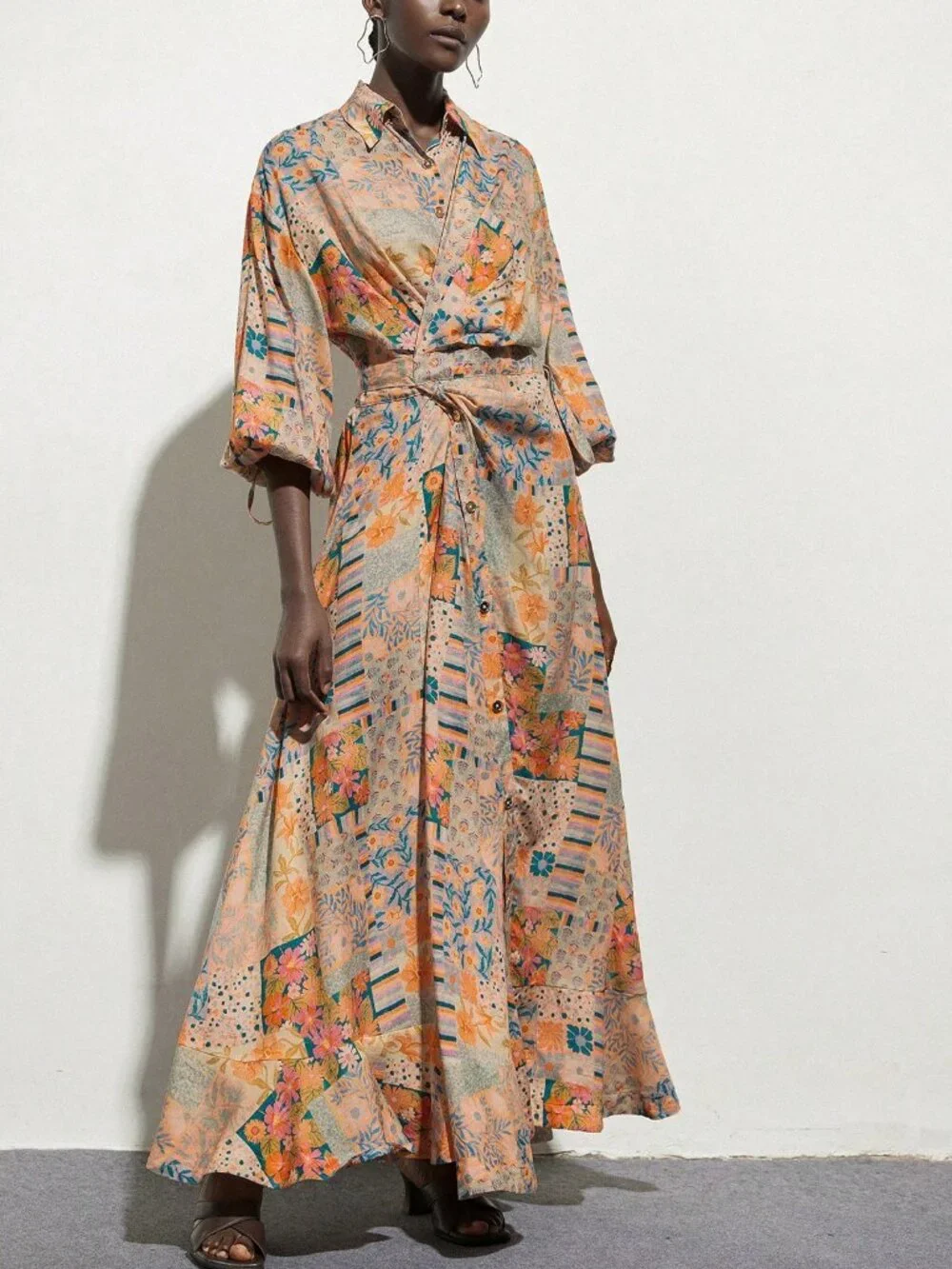 Multicolor Boho Women's Oil Painting Style Print Wrap Front Tie Waist Dress